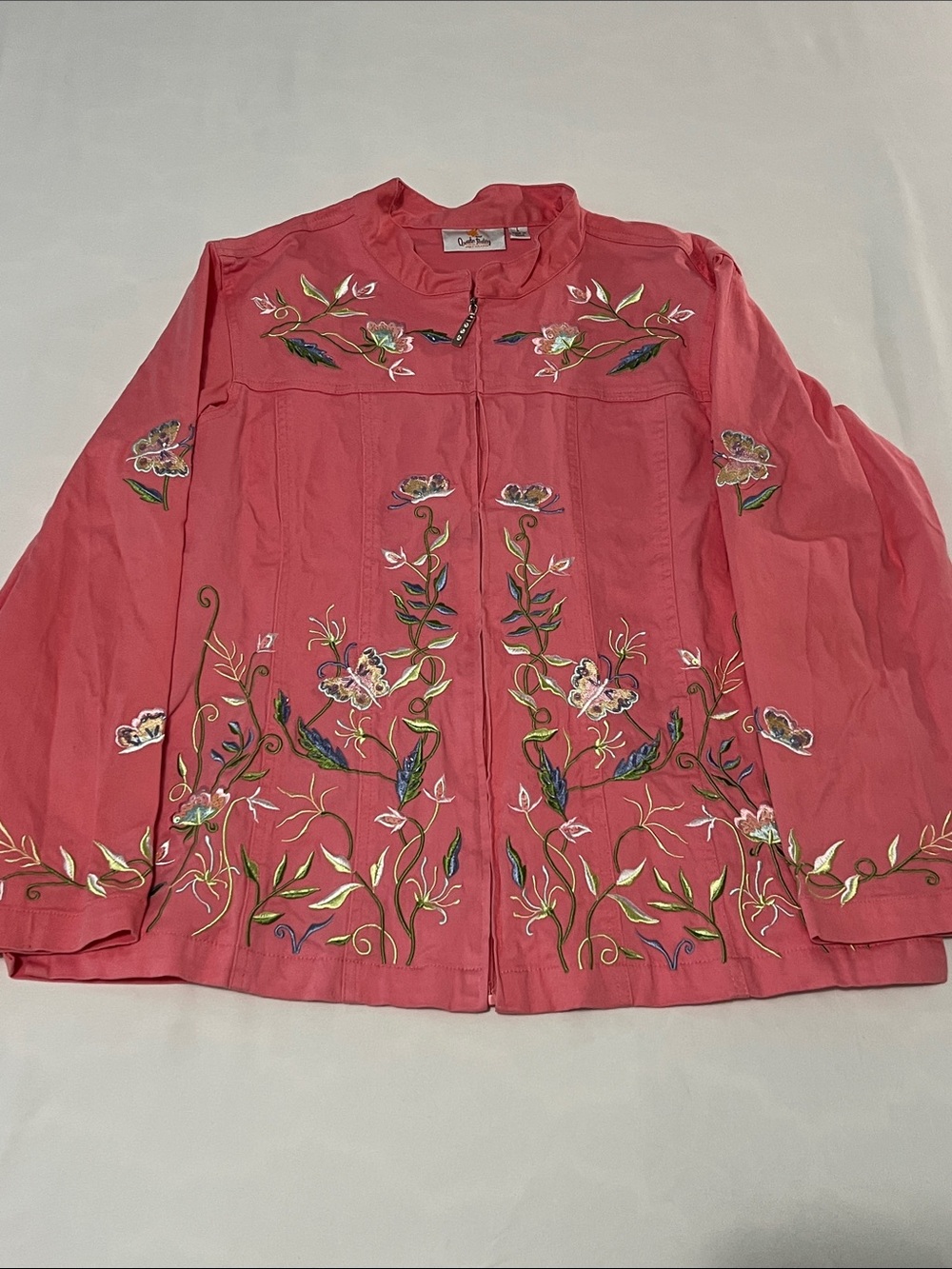 Quacker Factory Pink Embroidered Sequined Butterfly/Flowers Zip Up Twill Jacket